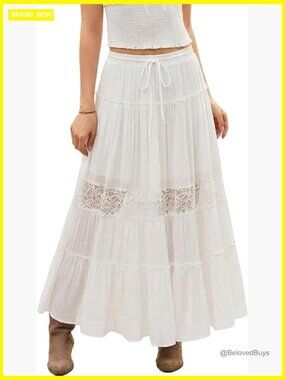 Boho Maxi Skirts Flowy Lace Tiered Renaissance Skirt with Pockets